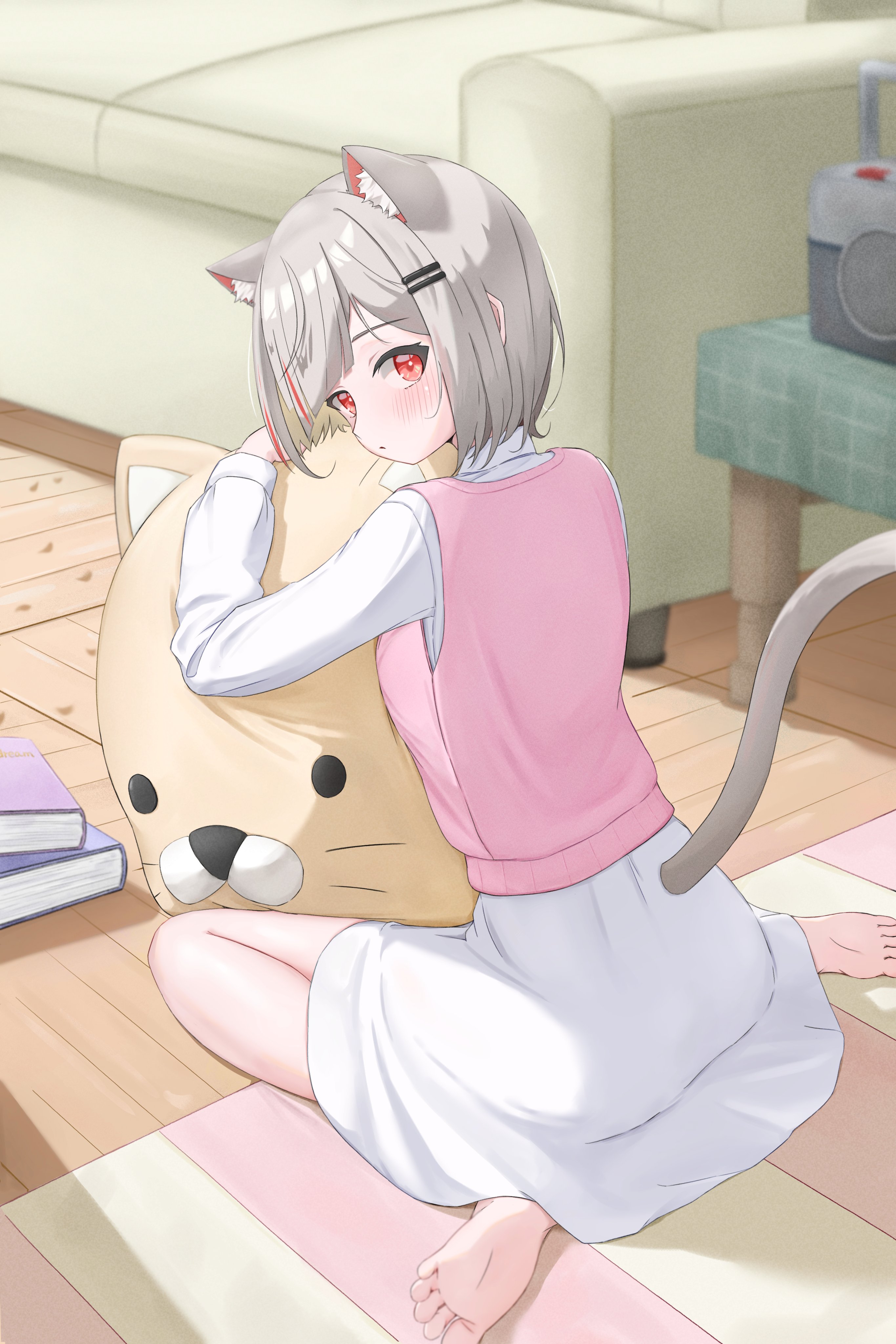 neneko mashiro, stellive, absurdres, commentary request, highres, korean commentary, 1girl, animal ear fluff, animal ears, barefoot, blush, book, cat ears, cat girl, cat tail, closed mouth, couch, dress, feet, from behind, grey hair, hair ornament, hairclip, jjalbaaaaa, long sleeves, looking at viewer, looking back, on floor, parallel hairclips, pile of books, pink sweater vest, red eyes, rug, short hair, sitting, soles, solo, stuffed animal, stuffed cat, stuffed toy, sweater vest, tail, toes, turning head, virtual youtuber, wariza, white dress, wooden floor