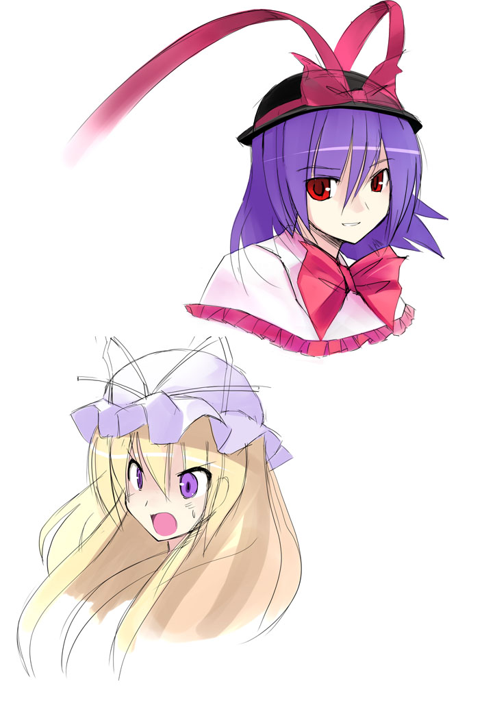 seo tatsuya, nagae iku, yakumo yukari, touhou, 2girls, :o, bow, bowtie, expressionless, female focus, hat, looking at viewer, mob cap, multiple girls, open mouth, purple eyes, purple hair, red bow, red bowtie, short hair, simple background, surprised, upper body, white background