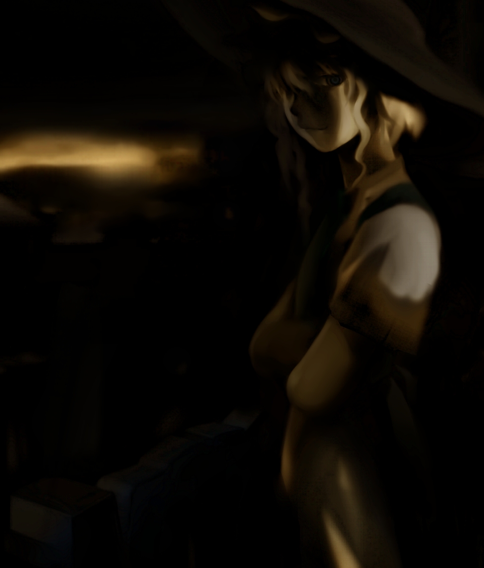 futon (kitsune tsuki), kitsune tsuki, kirisame marisa, touhou, 1girl, blonde hair, dark, female focus, hat, long hair, solo, standing, witch, witch hat