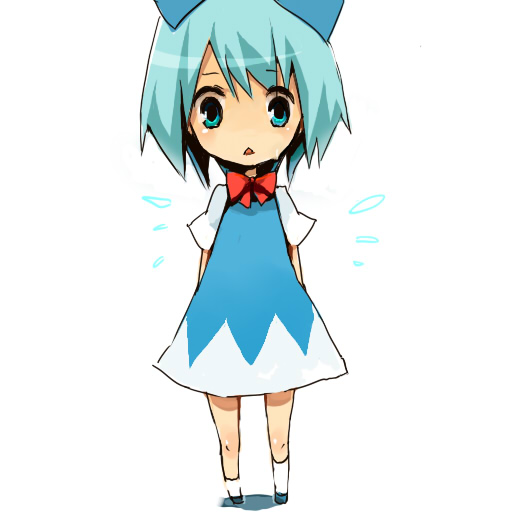 fujiyama, rin (artist), cirno, embodiment of scarlet devil, touhou, 1girl, bow, bowtie, chibi, female focus, red bow, red bowtie, simple background, socks, solo, white socks