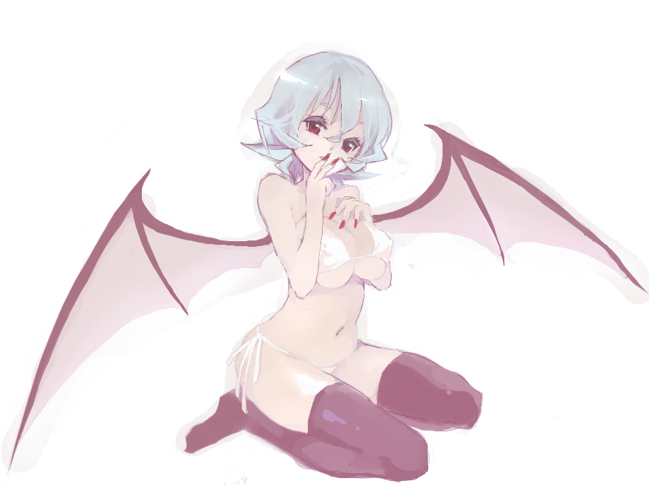 shizumi satou, siskin, remilia scarlet, touhou, 1girl, alternate breast size (larger), bare shoulders, bat wings, bikini, blue hair, breasts, demon wings, female focus, kneeling, large breasts, nail polish, navel, pink hair, red eyes, red nails, seiza, short hair, side-tie bikini bottom, simple background, sitting, solo, string bikini, swimsuit, thighhighs, white bikini, wings