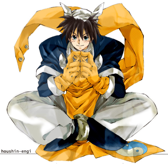 akina tsukako, tsuukaa, taikoubou, houshin engi, 1990s (style), 1boy, black hair, copyright name, male focus, short hair, solo, white background