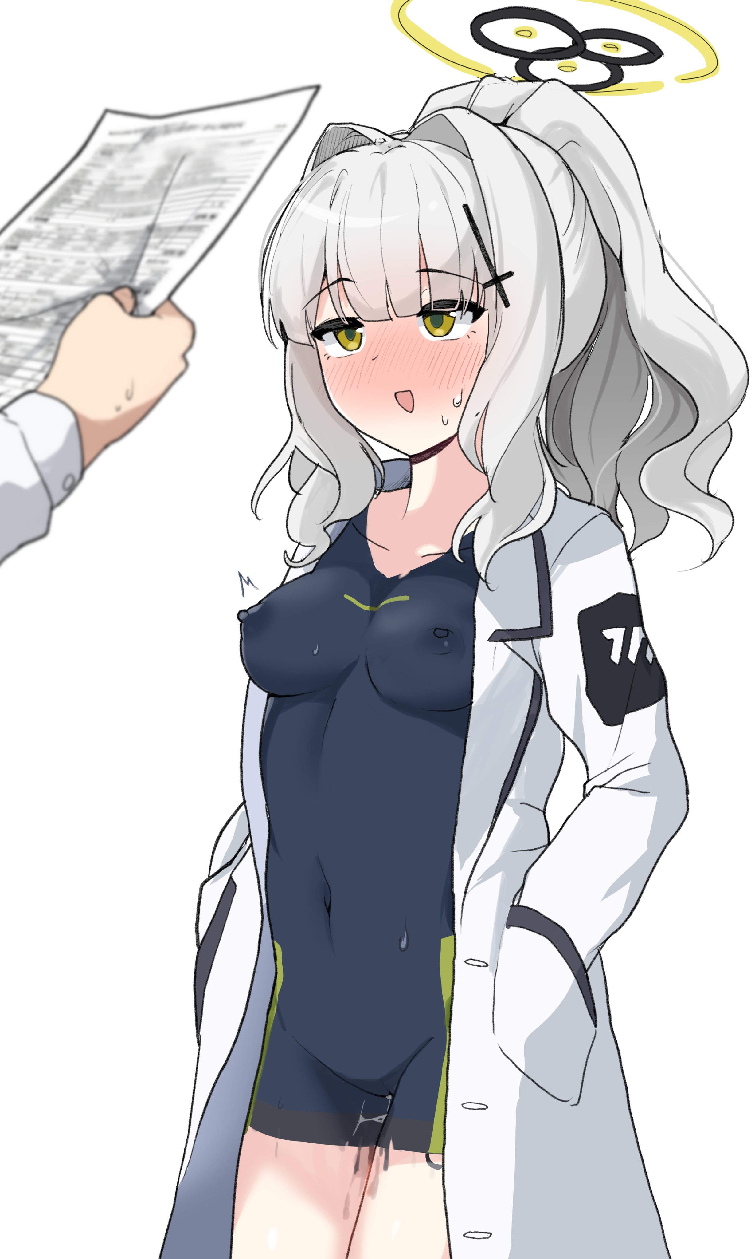 mureniii, hare (blue archive), blue archive, absurdres, highres, 1girl, 1other, :d, alternate breast size (larger), black halo, blunt bangs, blush, bodypaint, breasts, coat, collarbone, cowboy shot, cross hair ornament, exhibitionism, full-face blush, green eyes, grey hair, hair intakes, hair ornament, halo, hands in pockets, holding, holding paper, lab coat, long hair, long sleeves, looking at another, medium breasts, motion lines, navel, nipples, open mouth, painted clothes, paper, ponytail, public indecency, pussy, pussy juice, shirt, sidelocks, simple background, smile, stomach, sweat, white background, white coat, white shirt, yellow halo