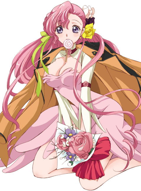 akina tsukako, tsuukaa, euphemia li britannia, code geass, 00s, 1girl, breasts, candy, female focus, flower, food, large breasts, long hair, mouth hold, nipple slip, nipples, pink hair, ribbon, solo