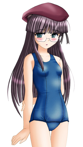 neopure, karen clavius, yoake mae yori ruri iro na, beret, blush, flat chest, glasses, green eyes, hat, long hair, one-piece swimsuit, purple hair, school swimsuit, solo, swimsuit