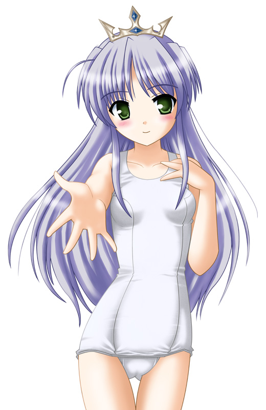 neopure, feena fam earthlight, yoake mae yori ruri iro na, crown, hat, one-piece swimsuit, school swimsuit, simple background, solo, swimsuit, white background, white one-piece swimsuit, white school swimsuit