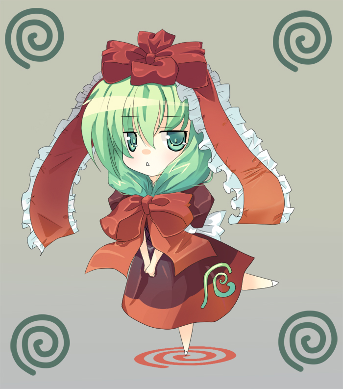 omiso, omiso (omiso), kagiyama hina, touhou, bad id, bad pixiv id, 1girl, :<, chibi, female focus, front ponytail, green hair, jitome, long hair, ribbon, solo