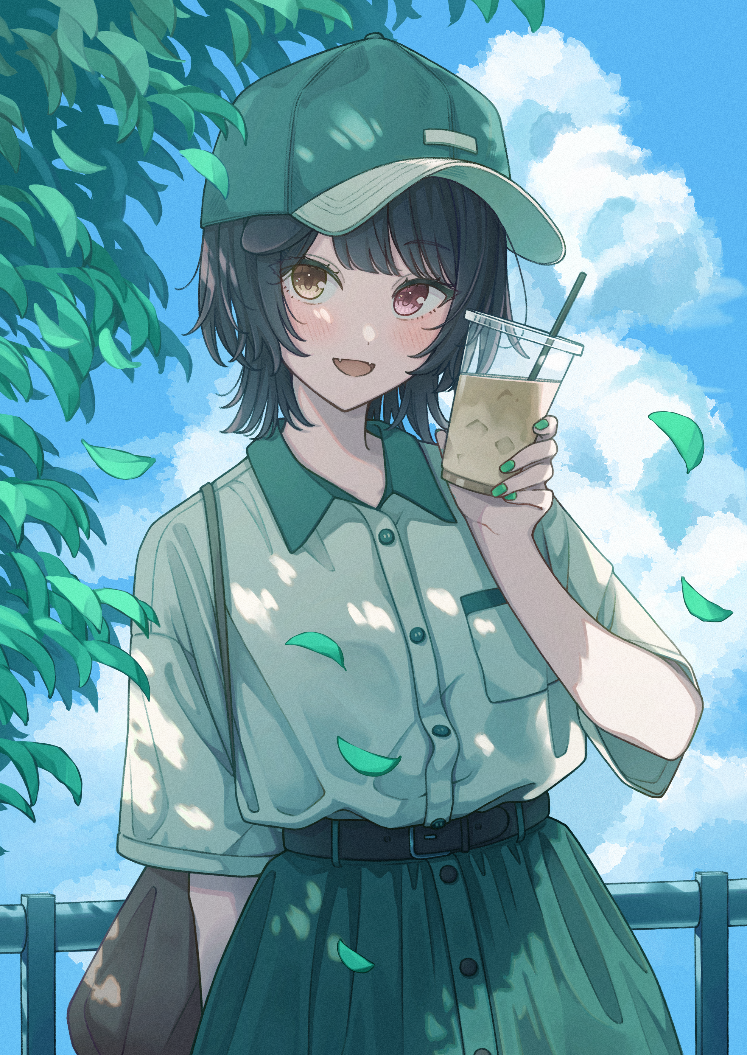 ene mizunoawa, inui toko, nijisanji, absurdres, commentary request, highres, 1girl, :d, black hair, blue sky, blush, buttons, cloud, collared shirt, contrast collar, cowboy shot, cup, dappled sunlight, day, disposable cup, fangs, green hat, green skirt, hat, heterochromia, holding, holding cup, leaf, looking at viewer, open mouth, outdoors, red eyes, shirt, short hair, short sleeves, skin fangs, skirt, sky, smile, solo, sunlight, virtual youtuber, white shirt, yellow eyes