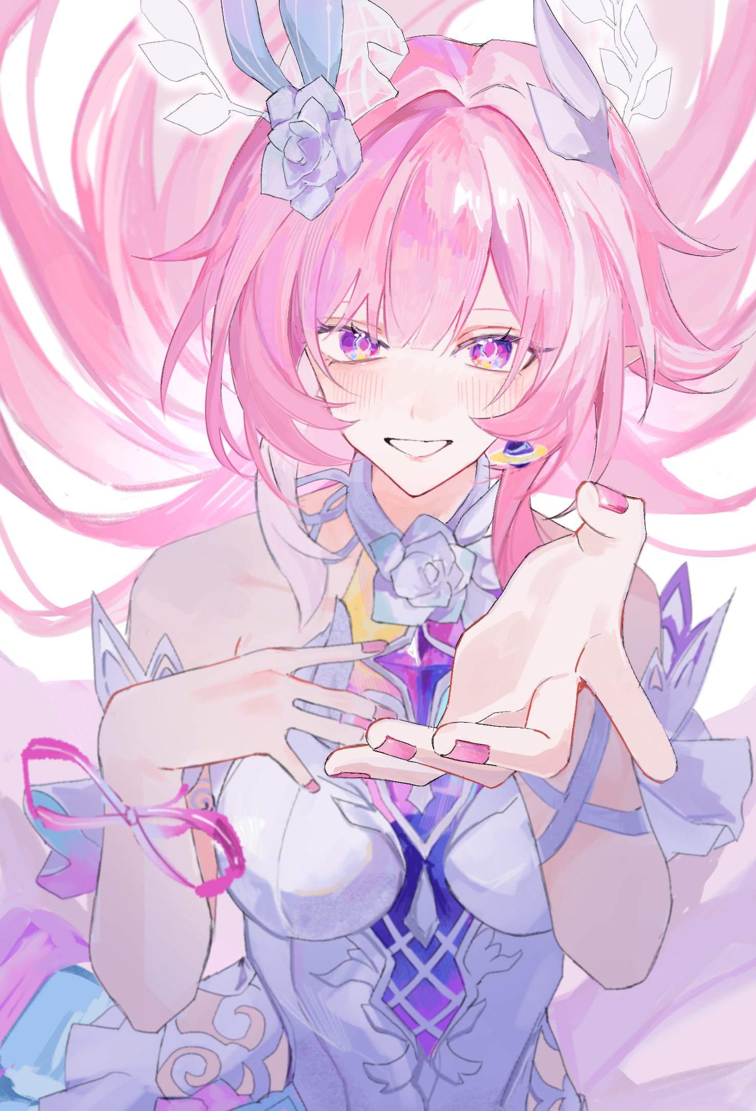 suzu (0943 su), cyrene (honkai: star rail), cyrene (ripples of past reverie) (honkai: star rail), honkai: star rail, honkai (series), commentary, hashtag-only commentary, highres, revision, 1girl, bare shoulders, blue flower, blue rose, blush, breasts, dress, floating hair, flower, hair floating upwards, hair flower, hair ornament, hand on own chest, long hair, looking at viewer, medium breasts, nail polish, offering hand, pink hair, pink nails, purple eyes, rose, smile, solo, upper body, white dress