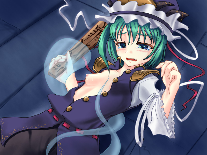 happa16, shiki eiki, touhou, 1girl, breasts, female focus, ghost, green hair, hat, nipples, nude, ribbon, rod of remorse, short hair, solo