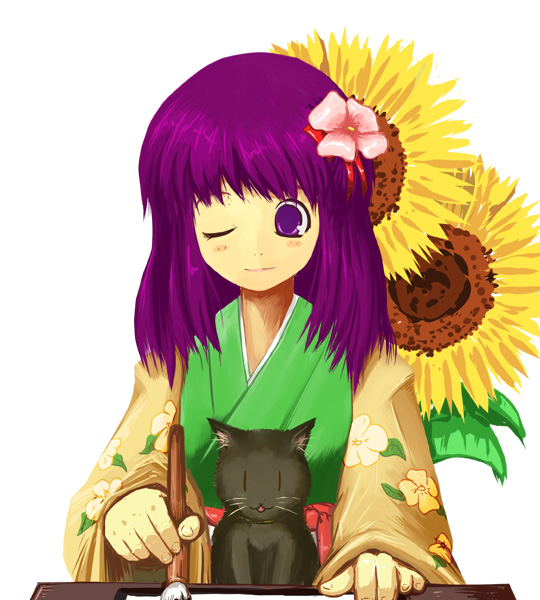 kanoe soushi, hieda no akyuu, perfect memento in strict sense, touhou, bad id, bad pixiv id, 1girl, cat, female focus, flower, japanese clothes, kimono, pen, plant, purple hair, ribbon, short hair, sitting, solo, sunflower, upper body, white background