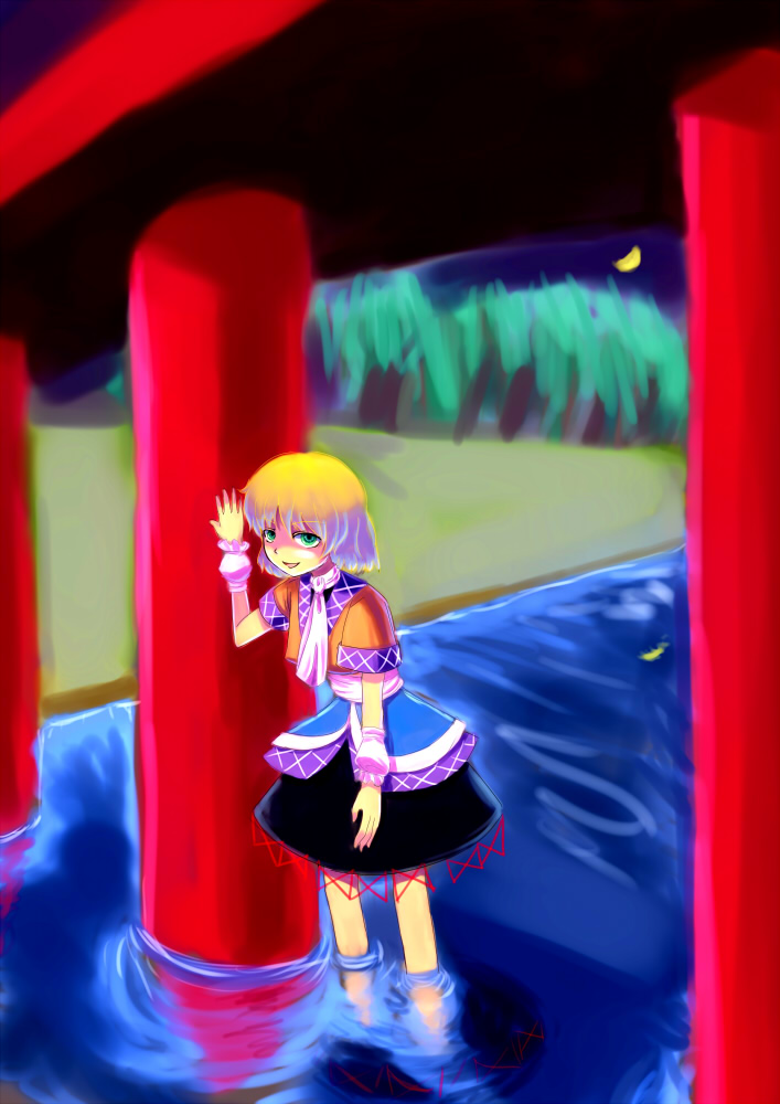 rebanira, mizuhashi parsee, touhou, 1girl, blonde hair, bridge, female focus, green eyes, outdoors, plant, short hair, sky, solo, standing, torii, tree, water