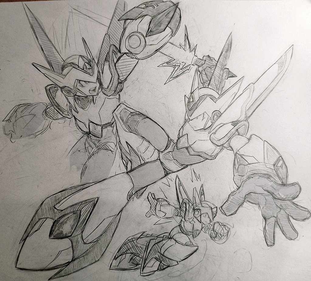 nerum09, falcon armor x (mega man), x (mega man), mega man (series), mega man x (series), traditional media, 1boy, arm cannon, grey background, holding, holding sword, holding weapon, male focus, multiple views, simple background, sketch, solo, sword, weapon