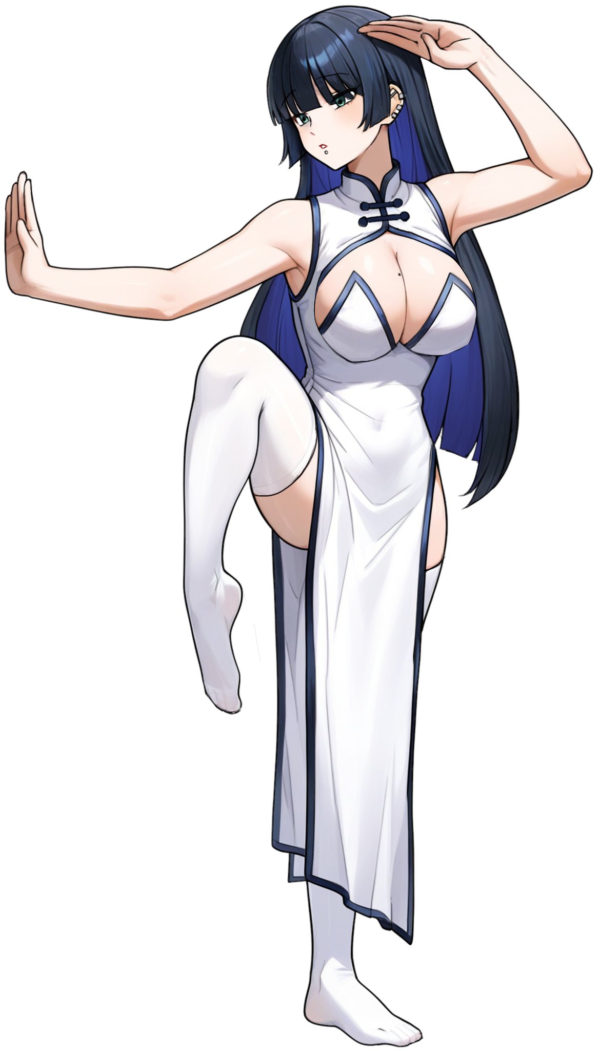 ryuhirohumi, pa-san, bocchi the rock!, commentary request, highres, 1girl, barbell piercing, bare arms, bare shoulders, black hair, blue hair, blunt bangs, breasts, china dress, chinese clothes, cleavage, cleavage cutout, clothing cutout, colored inner hair, covered navel, dress, ear piercing, face piercing, fighting stance, full body, green eyes, industrial piercing, labret piercing, large breasts, leg up, long hair, looking ahead, mole, mole on breast, multicolored hair, no shoes, parted lips, pelvic curtain, piercing, simple background, sleeveless, sleeveless dress, solo, standing, standing on one leg, thighhighs, two-tone hair, white background, white dress, white thighhighs