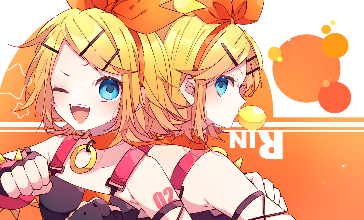kaho 0102, kagamine rin, magical mirai rin, magical mirai rin (2023), magical mirai (vocaloid), vocaloid, commentary request, 2girls, ;d, bare shoulders, black gloves, black shirt, blowing bubble gum, blue eyes, blush, character name, chewing gum, closed mouth, dual persona, fingerless gloves, gloves, hair ornament, hairclip, hand up, looking at viewer, multiple girls, number tattoo, one eye closed, open mouth, orange background, parallel hairclips, parted bangs, portrait, shirt, shoulder tattoo, sleeveless, sleeveless shirt, smile, tattoo, two-tone background, v-shaped eyebrows, yellow background