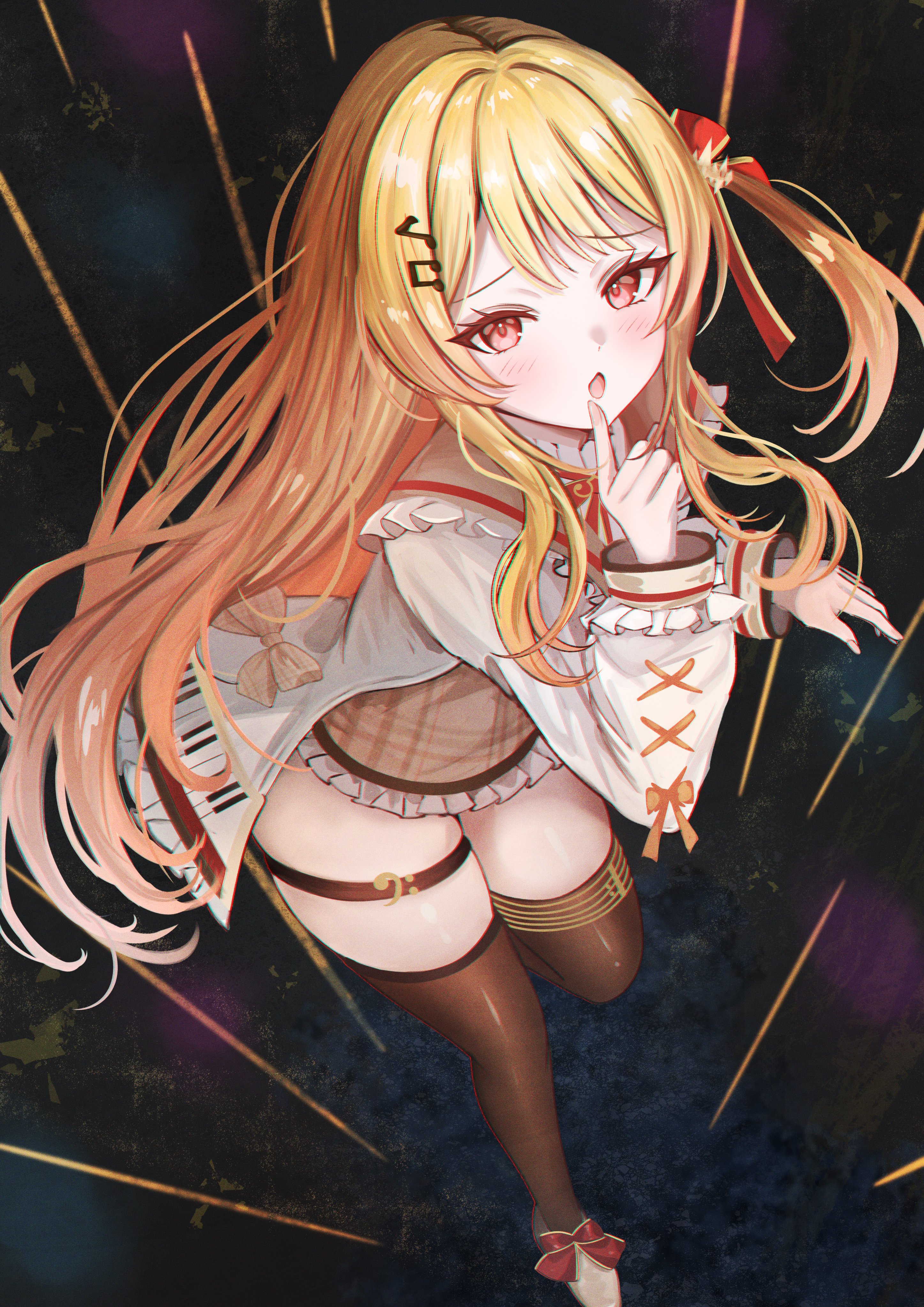 mito soosu, otonose kanade, hololive, hololive dev is, absurdres, highres, 1girl, black background, blonde hair, blush, eyelashes, full body, long hair, open mouth, simple background, solo, standing, standing on one leg