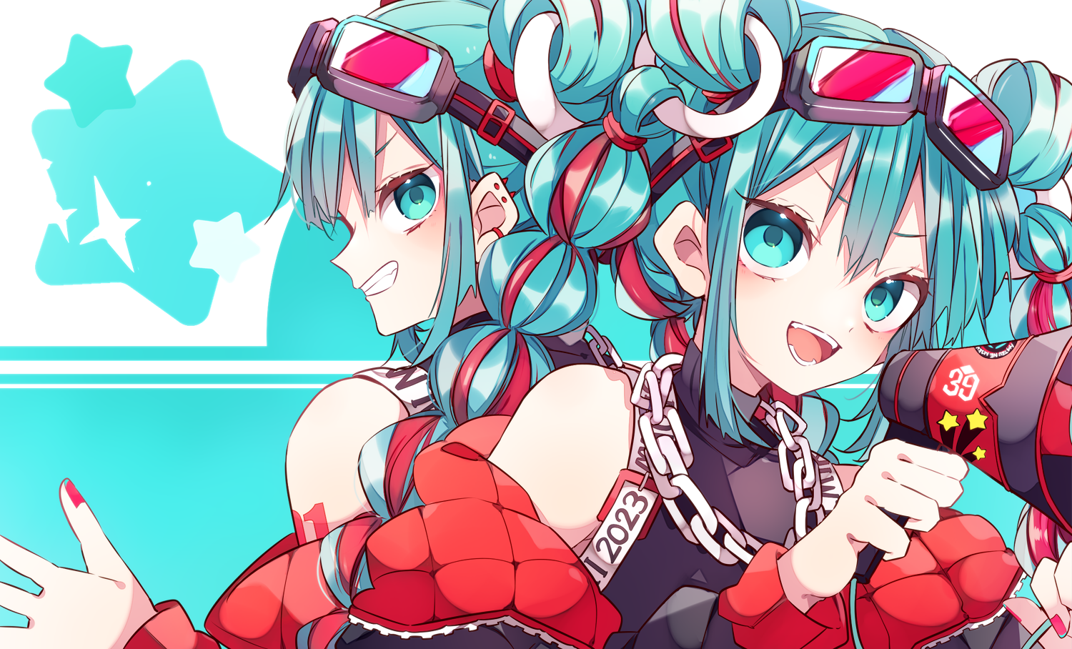 kaho 0102, hatsune miku, magical mirai miku, magical mirai miku (2023), magical mirai (vocaloid), vocaloid, commentary request, 2girls, :d, bare shoulders, black shirt, blue background, blue eyes, blue hair, blush, braid, double-parted bangs, dual persona, goggles, goggles on head, grin, holding, holding megaphone, jacket, long hair, long sleeves, megaphone, multiple girls, nail polish, off shoulder, open clothes, open jacket, open mouth, portrait, red jacket, red nails, shirt, sidelocks, sleeveless, sleeveless shirt, smile, star (symbol), star symbol background, twin braids, two-tone background, v-shaped eyebrows, white background
