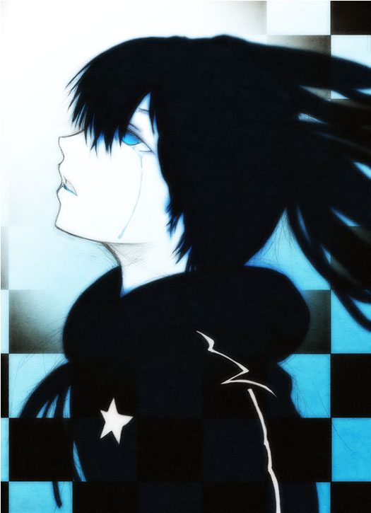 sora shiro, black rock shooter (character), hatsune miku, black rock shooter, vocaloid, 10s, 1girl, black hair, blue eyes, female focus, from side, jacket, long hair, looking up, no pupils, open mouth, profile, solo, tears, twintails, upper body