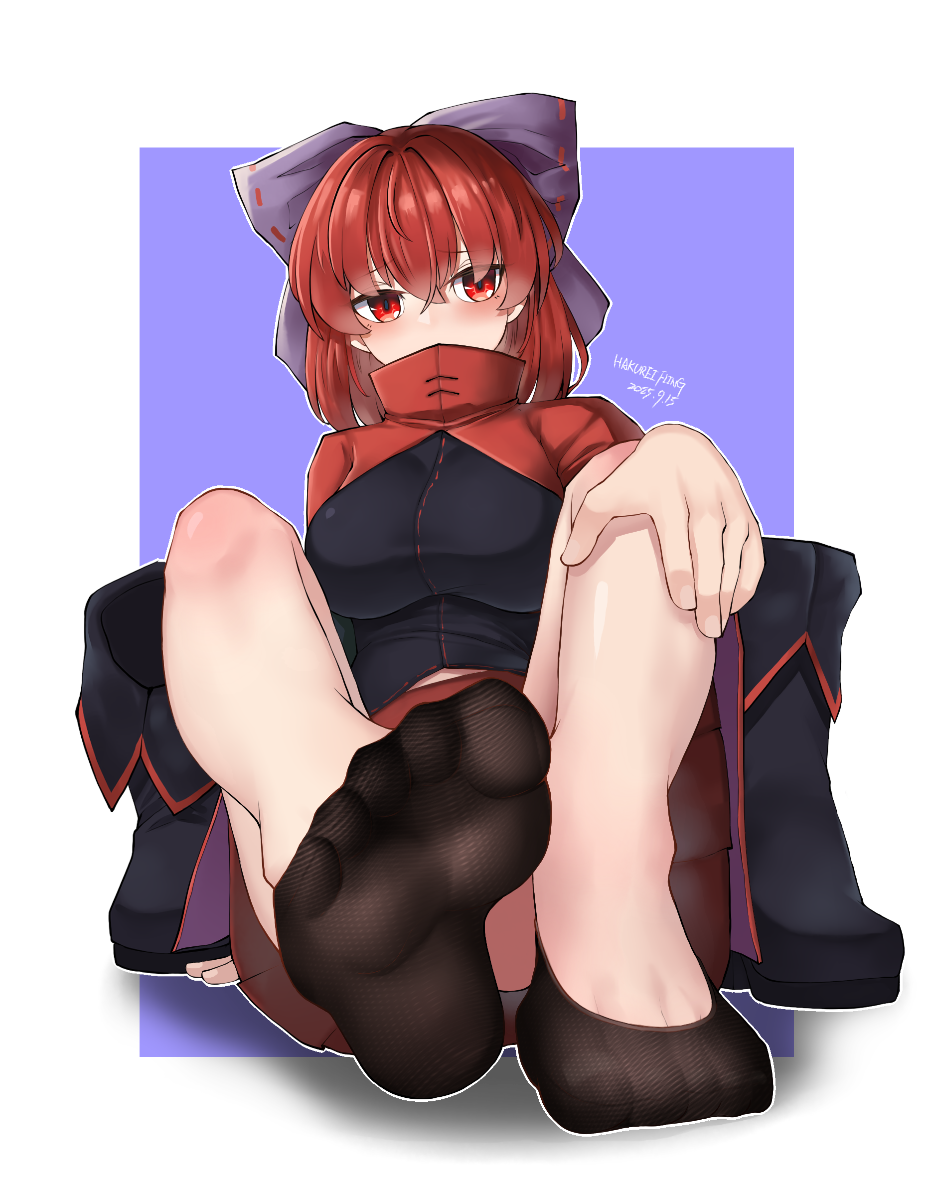 hakurei fling, sekibanki, touhou, highres, 1girl, blush, boots, bow, feet, hair bow, hand on own knee, looking at viewer, medium hair, red eyes, red hair, shoes, socks, soles, toes, unworn boots, unworn shoes
