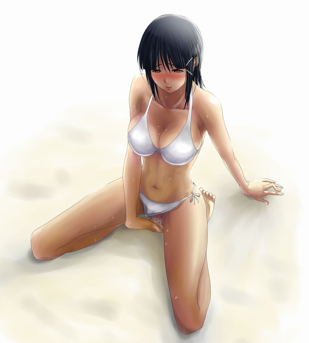 amiba48, original, bad id, bad pixiv id, jpeg artifacts, 1girl, arm support, bare shoulders, barefoot, bikini, bikini bottom aside, black hair, blush, breasts, brown hair, cleavage, clothing aside, collarbone, female focus, female masturbation, fingering, from above, full body, hair ornament, hairclip, large breasts, long hair, masturbation, navel, pussy juice, saliva, side-tie bikini bottom, sitting, solo, sweat, swimsuit, swimsuit aside, uncensored, white bikini