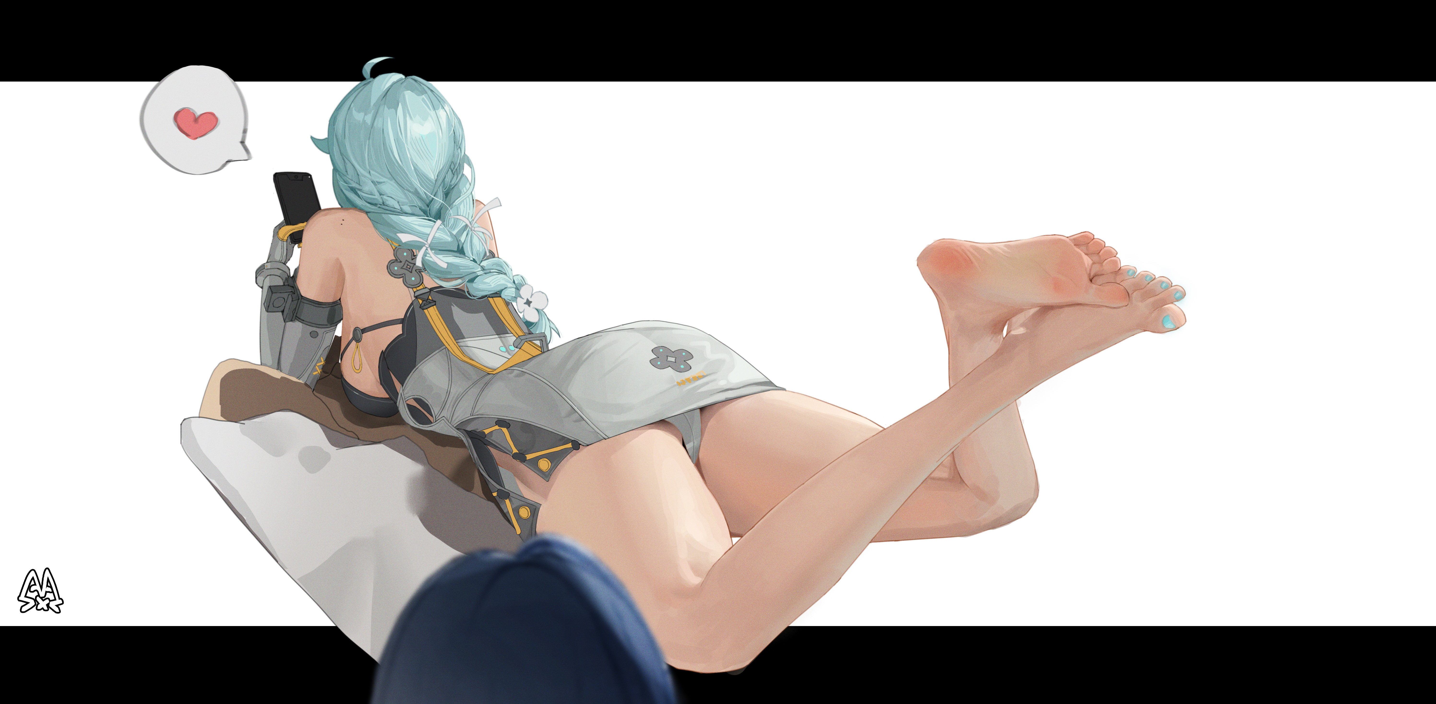 i am not a cat, seed (zenless zone zero), zenless zone zero, absurdres, highres, 1girl, abstract, barefoot, blue hair, braid, cellphone, feet, long hair, lying, on stomach, panties, pantyshot, phone, single braid, smartphone, soles, toes, underwear, white background