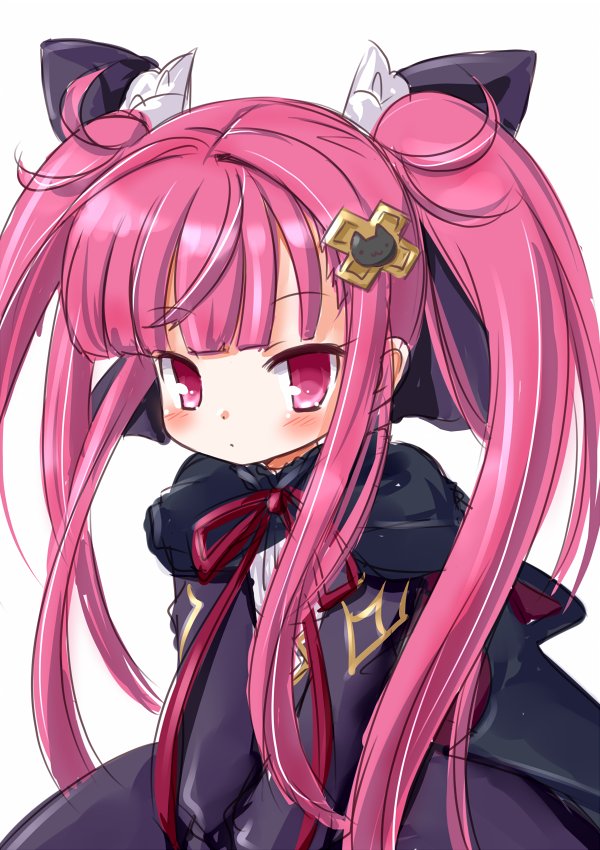 akino sakura, alucard lore, emil chronicle online, 1girl, black bow, black cloak, black dress, bow, cloak, cross hair ornament, dress, hair bow, hair ornament, long hair, pink eyes, pink hair, red cloak, red ribbon, ribbon, solo, twintails, two-sided cloak, two-sided fabric, white background