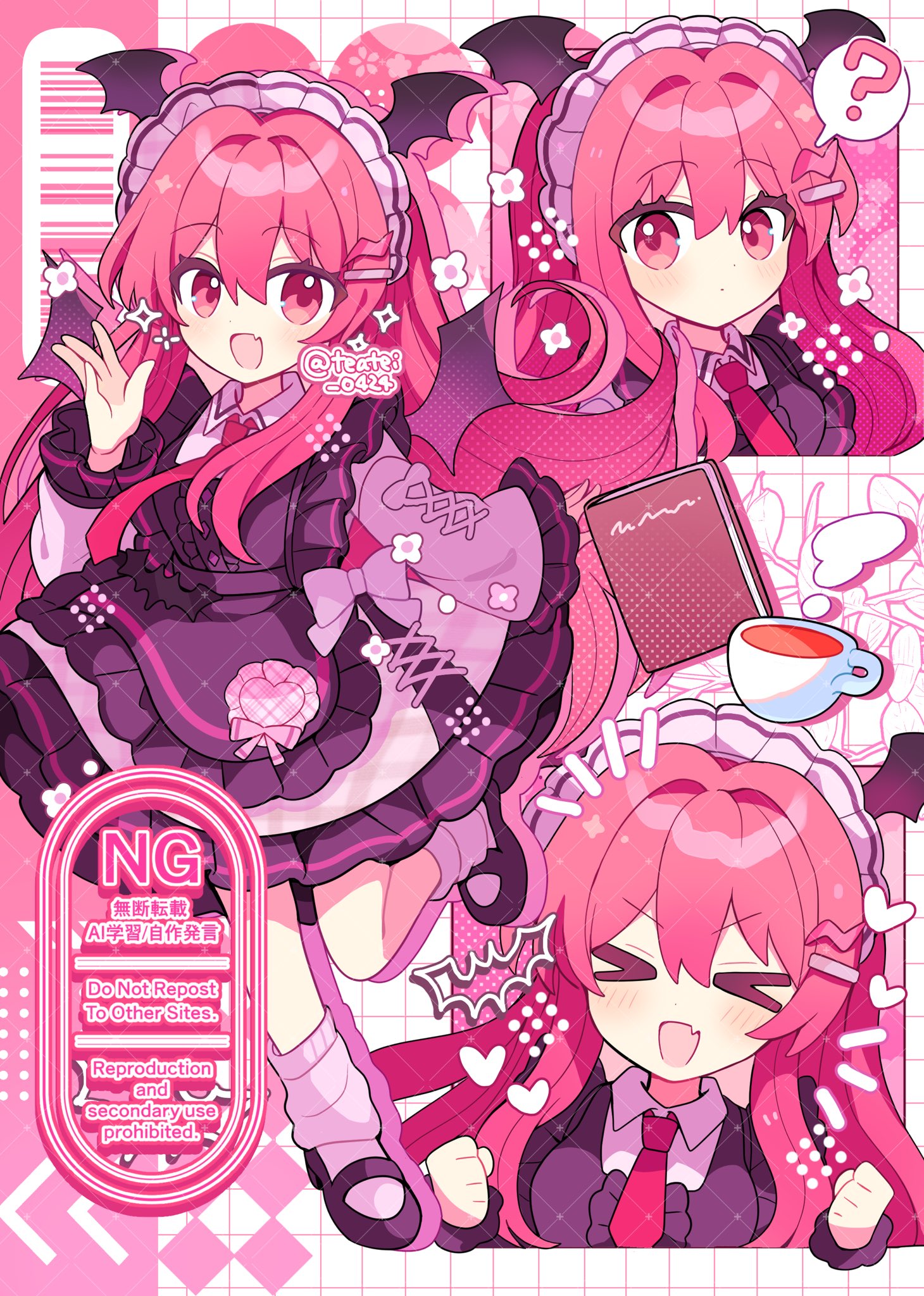 shirocha tei, koakuma, touhou, commentary, highres, > <, 1girl, :d, alternate costume, apron, barcode, black apron, black shoes, blush, closed eyes, closed mouth, cup, demon girl, demon wings, dress, enmaided, fang, frilled apron, frilled dress, frilled sleeves, frills, grid background, hair between eyes, hand up, head wings, long hair, long sleeves, looking at viewer, loose socks, maid, maid headdress, multiple views, notice lines, open mouth, pink eyes, pink hair, pink socks, purple dress, shoes, skin fang, smile, socks, standing, standing on one leg, teacup, twitter username, watermark, wings, xd