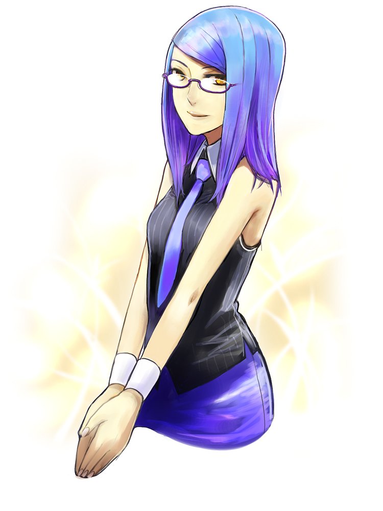 bezi, 1girl, blue hair, female focus, glasses, multicolored hair, necktie, pencil skirt, shirt, skirt, sleeveless, sleeveless shirt, solo, two-tone hair, yellow eyes