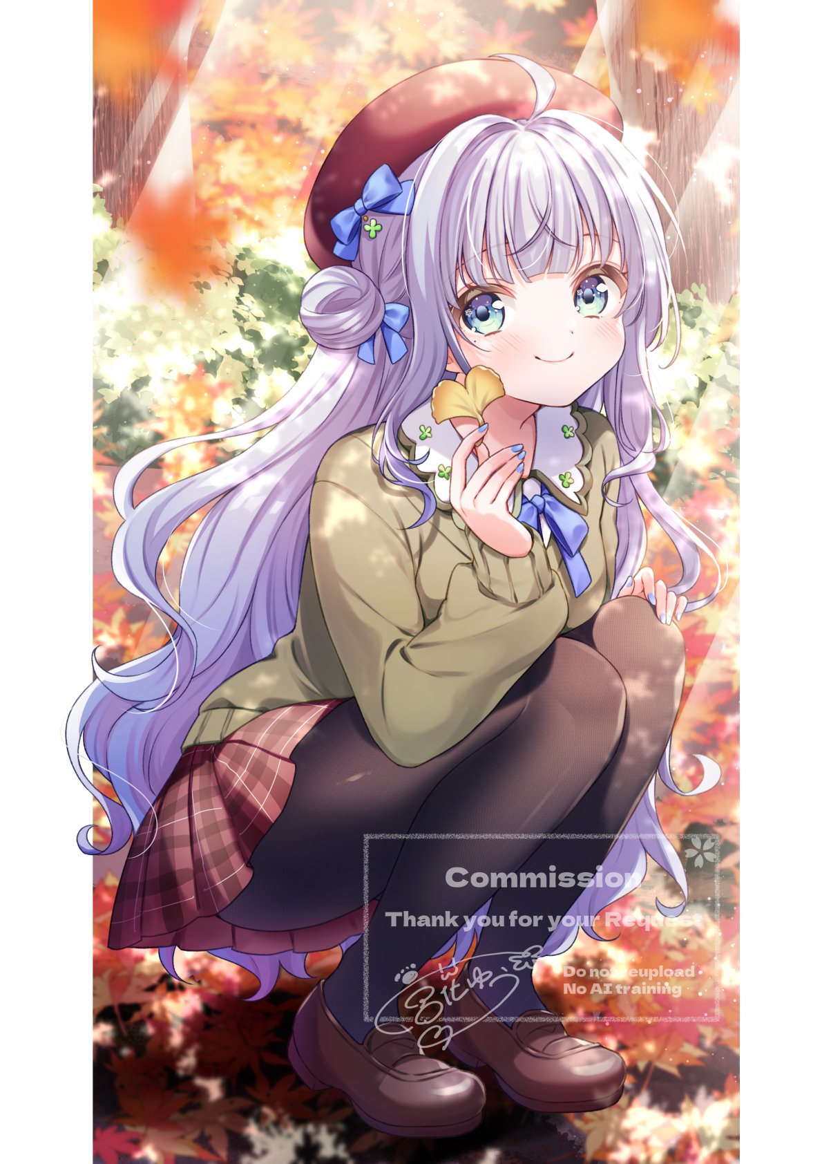 miyahana yu (artist), original, commentary, commission, highres, skeb commission, 1girl, ahoge, autumn, beret, black pantyhose, blue eyes, blue ribbon, blush, borrowed character, brown hat, brown shoes, closed mouth, day, full body, green sweater, hair bun, hair ribbon, hat, holding, holding leaf, leaf, long hair, long sleeves, looking at viewer, miniskirt, neck ribbon, outdoors, outside border, pantyhose, pillarboxed, plaid clothes, plaid skirt, pleated skirt, purple hair, red skirt, ribbon, shoes, signature, skirt, smile, solo, sweater, watermark
