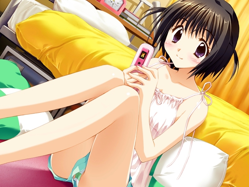 kadoi aya, wakui saki, tamatama, game cg, 1girl, bedroom, blush, brown hair, cellphone, female focus, indoors, panties, phone, purple eyes, shorts, smile, solo, striped clothes, striped panties, twintails, underwear