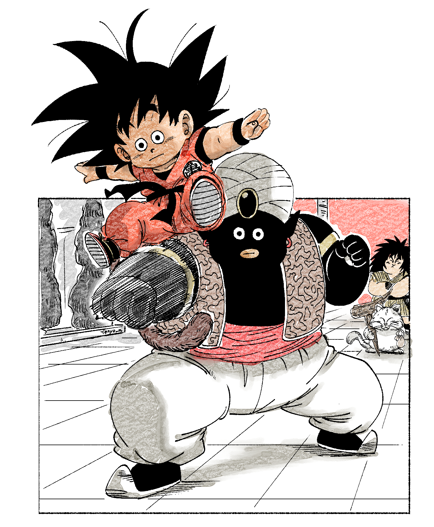 fenyon, karin (dragon ball), mister popo, son goku, yajirobe, dragon ball, dragon ball (classic), highres, 4boys, battle, black skin, brown tail, colored skin, dougi, male focus, medium hair, monkey tail, multiple boys, orange pants, orange shirt, pants, shirt, spiked hair, tail, vest