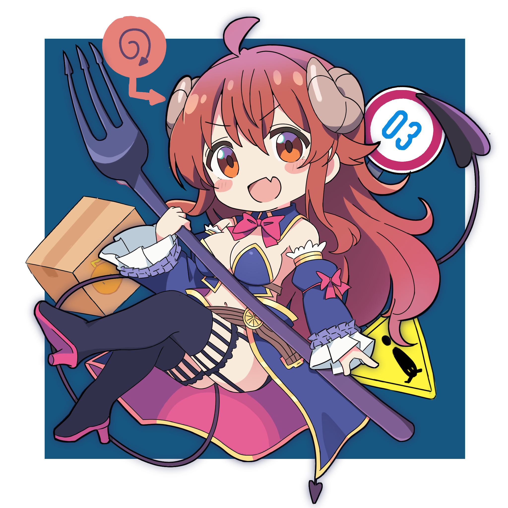 yoshida yuuko (machikado mazoku), machikado mazoku, commentary, highres, 1girl, :d, ahoge, armor, arrow (symbol), bare shoulders, bikini armor, black201 wav, black boots, blue background, blue sleeves, blush stickers, boots, border, bow, bowtie, box, brown horns, cardboard box, chibi, chibi only, crisis management form (machikado mazoku), curled horns, demon girl, demon tail, detached collar, detached sleeves, fang, fork, frilled sleeves, frills, full body, holding, holding fork, horns, long hair, long sleeves, looking at viewer, navel, open mouth, orange eyes, outside border, red bow, red bowtie, red hair, simple background, skin fang, smile, solo, tail, thigh boots, v-shaped eyebrows, white border