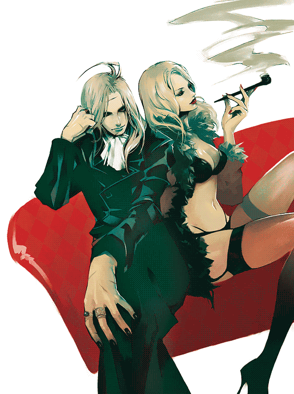 artist request, source request, 1boy, 1girl, breasts, cleavage, head rest, holding, holding smoking pipe, kiseru, large breasts, smoking, smoking pipe, thighhighs