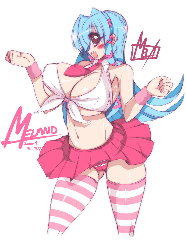 mel/a, melmaid, original, 1girl, armpits, blue hair, blue theme, blush stickers, breasts, cleavage, curvy, dancing, female focus, huge breasts, long hair, midriff, navel, necktie, open mouth, panties, pantyshot, red eyes, shirt, sidelocks, skirt, smile, solo, striped clothes, striped panties, striped thighhighs, thighhighs, tied shirt, underboob, underwear, upskirt, wristband, zettai ryouiki