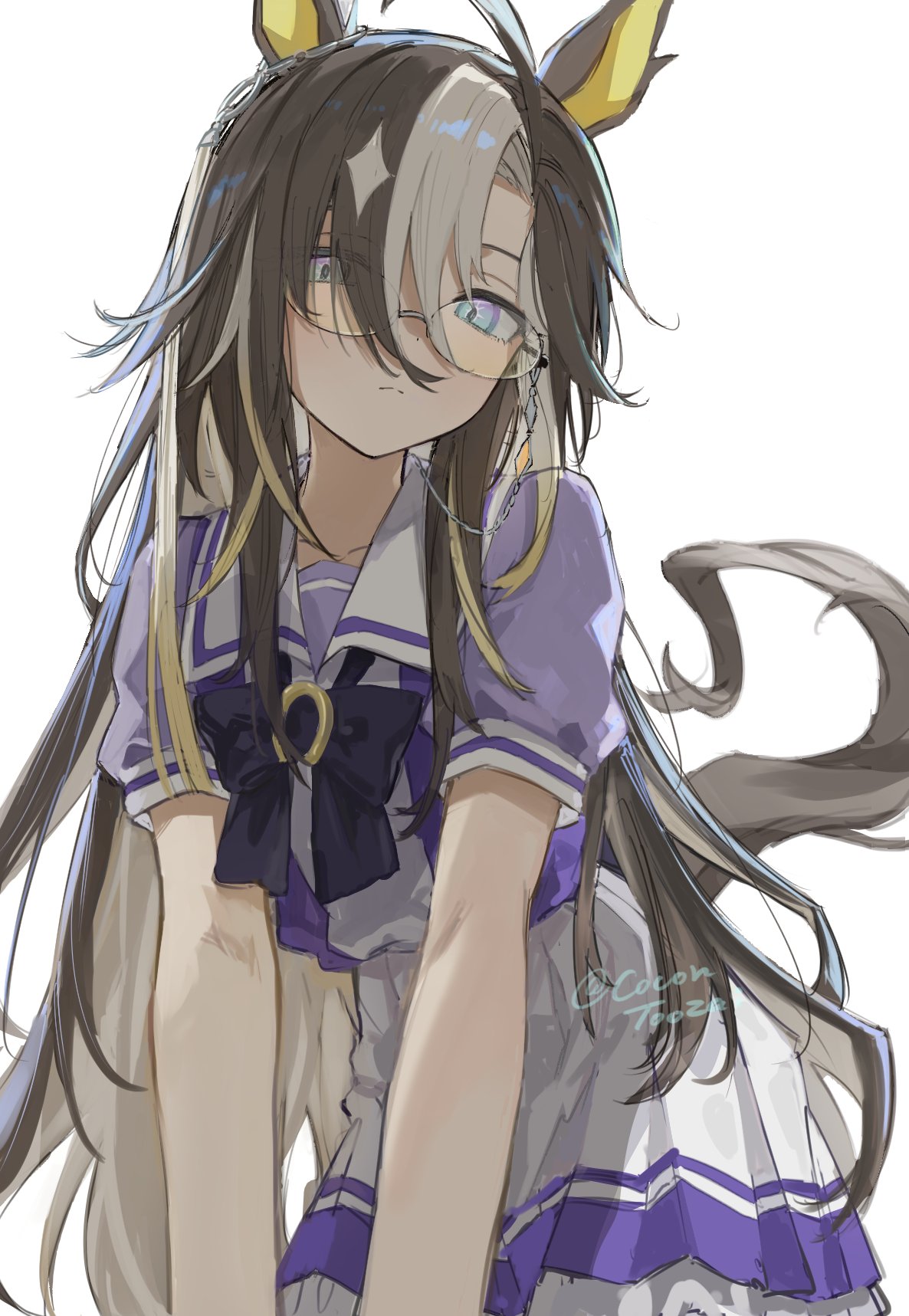 cocontoozai, dream journey (umamusume), umamusume, highres, 1girl, animal ears, blue eyes, brown hair, closed mouth, glasses, grey hair, horse ears, horse girl, horse tail, long hair, looking at viewer, multicolored hair, sailor collar, school uniform, serafuku, short sleeves, simple background, skirt, solo, tail, tracen school uniform, twitter username, very long hair, white background, white sailor collar, white skirt