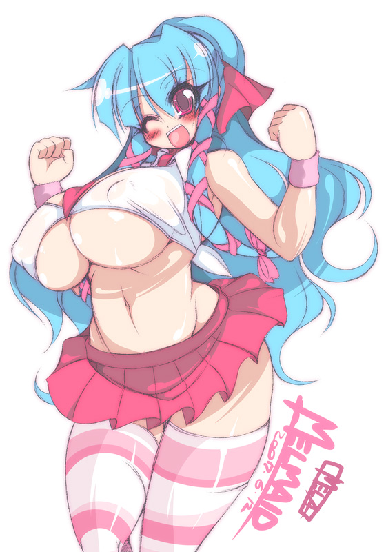 mel/a, melmaid, original, 1girl, blue hair, breasts, covered erect nipples, curvy, female focus, groin, happy, hip focus, huge breasts, long hair, midriff, navel, necktie, one eye closed, open mouth, plump, red eyes, shirt, sidelocks, skirt, smile, solo, striped clothes, striped thighhighs, thighhighs, tied shirt, underboob, wide hips, wink, wristband, zettai ryouiki