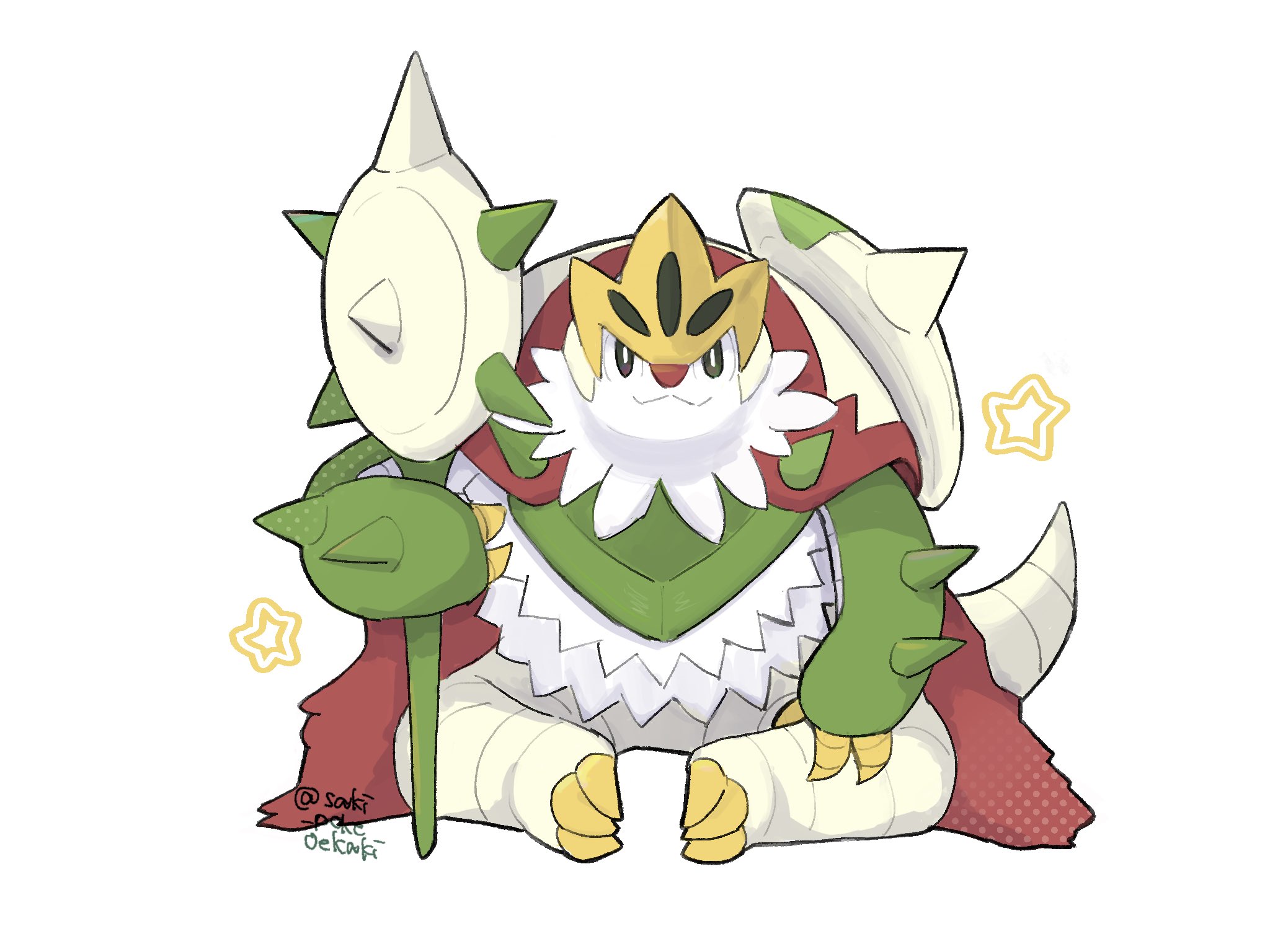 saki pokeoekaki, chesnaught, mega chesnaught, nintendo, pokemon, commentary request, highres, 1other, artist name, claws, closed mouth, gen 6 pokemon, holding, holding polearm, holding weapon, looking at viewer, no humans, pokemon (creature), polearm, sitting, smile, star (symbol), tail, weapon, white background