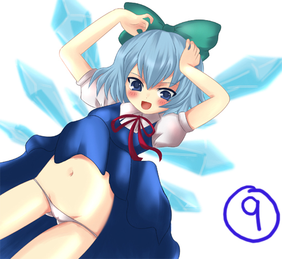 morimori, morimori (pixiv), cirno, phantasmagoria of flower view, touhou, bad id, bad pixiv id, 1girl, blue hair, blush, bow, circled 9, clothes lift, dress, dress lift, female focus, lowleg, lowleg panties, navel, panties, pantyshot, ribbon, short hair, smile, solo, underwear, wind, wind lift, wings