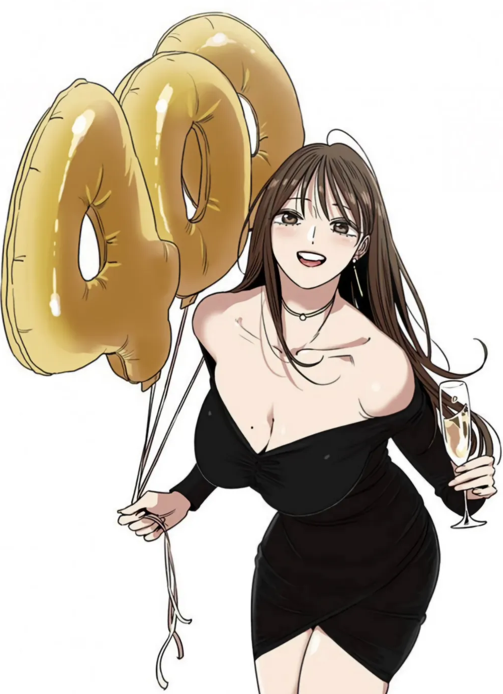 jung su-a, beautiful gunbari, highres, non-web source, balloon, black dress, breasts, brown eyes, brown hair, cleavage, cup, dress, drinking glass, mole, mole on breast, simple background, teeth, upper teeth only, white background, wine glass, yoon sungwon