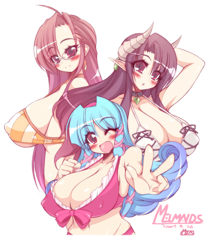 mel/a, akatsuki francesca, melmaid, ripre, original, 3girls, ahoge, bikini, bikini top only, blue hair, blush, breasts, cleavage, covered erect nipples, demon girl, fang, glasses, horns, huge breasts, long hair, mature female, multiple girls, one eye closed, red eyes, sideboob, sidelocks, striped bikini, striped clothes, swimsuit, v, vertical-striped bikini, vertical-striped clothes, wink