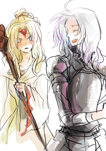 cecil harvey, rosa farrell, final fantasy, final fantasy iv, silver hair, lowres, 1990s (style), 1boy, 1girl, armor, breastplate, cowboy shot, gauntlets, gem, headpiece, retro artstyle, rod, simple background, sketch, staff, wand, white background, yellow eyes