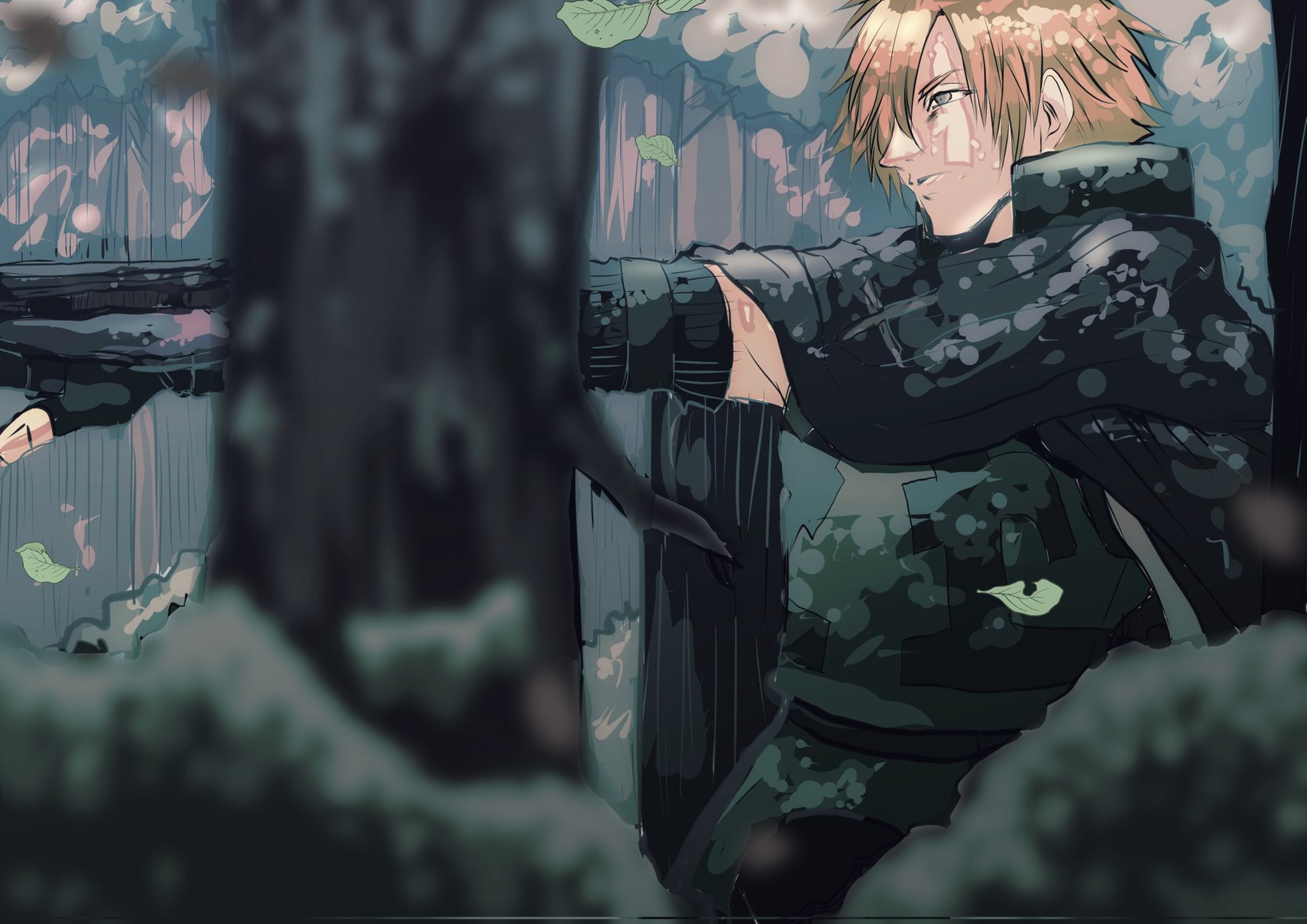 robin hood (fate), fate/extra, fate/grand order, fate (series), highres, 1boy, aiming, bush, cloak, falling leaves, forest, gloves, leaf, male focus, nature, orange hair, outdoors, profile, raiya (a2i3rnzyy), short hair, solo, tree, upper body