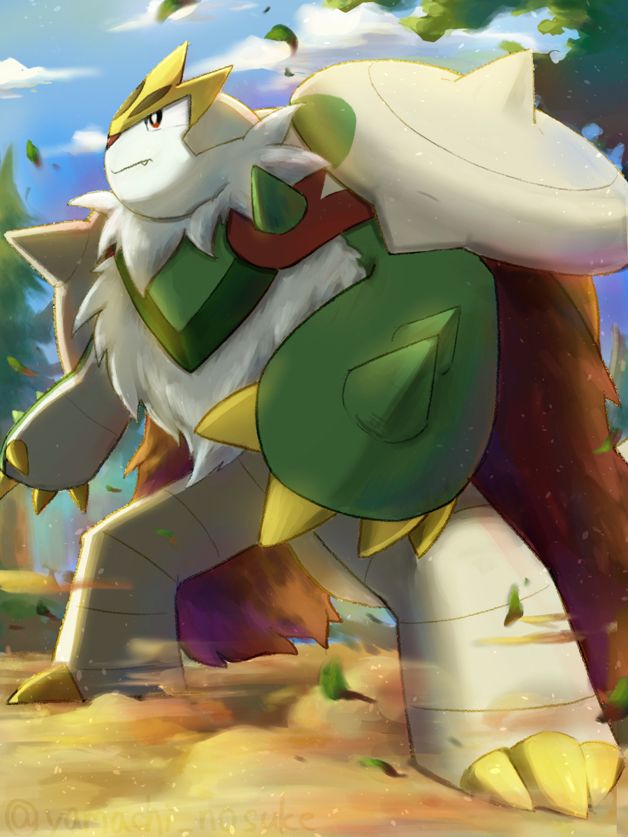 yamachi nosuke, chesnaught, mega chesnaught, nintendo, pokemon, commentary request, highres, 1other, blue sky, claws, closed mouth, cloud, dust, falling leaves, gen 6 pokemon, leaf, looking to the side, no humans, pokemon (creature), profile, sky, tail
