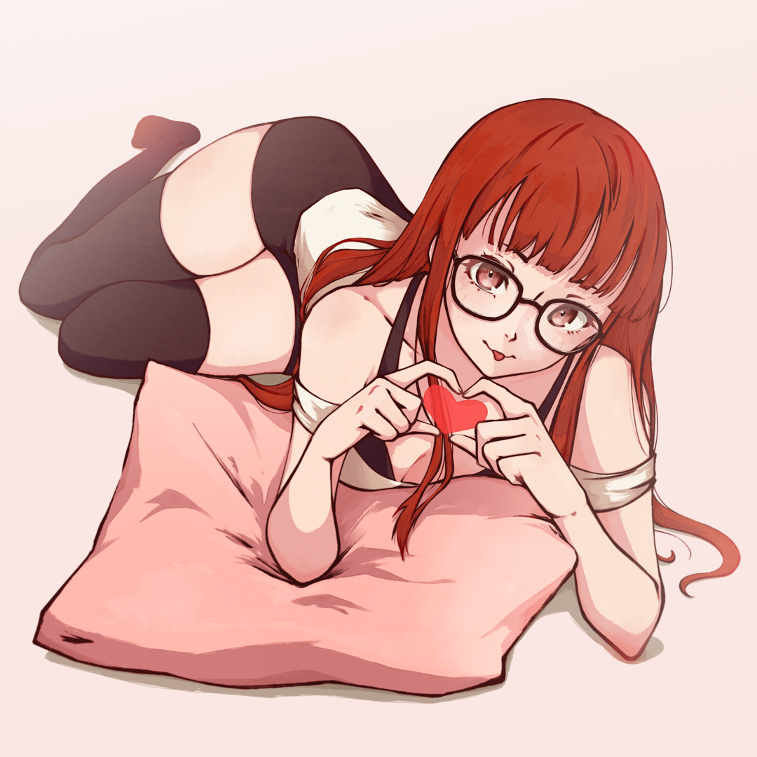 monokarumaru, sakura futaba, persona, persona 5, 1girl, :p, black shorts, black thighhighs, blunt bangs, breasts, brown eyes, brown hair, cleavage, collarbone, elbow rest, full body, glasses, heart, heart hands, long hair, looking at viewer, lying, no shoes, on side, pillow, shirt, short shorts, shorts, simple background, small breasts, solo, thighhighs, thighs, tongue, tongue out, twisted torso, very long hair, white background, white shirt
