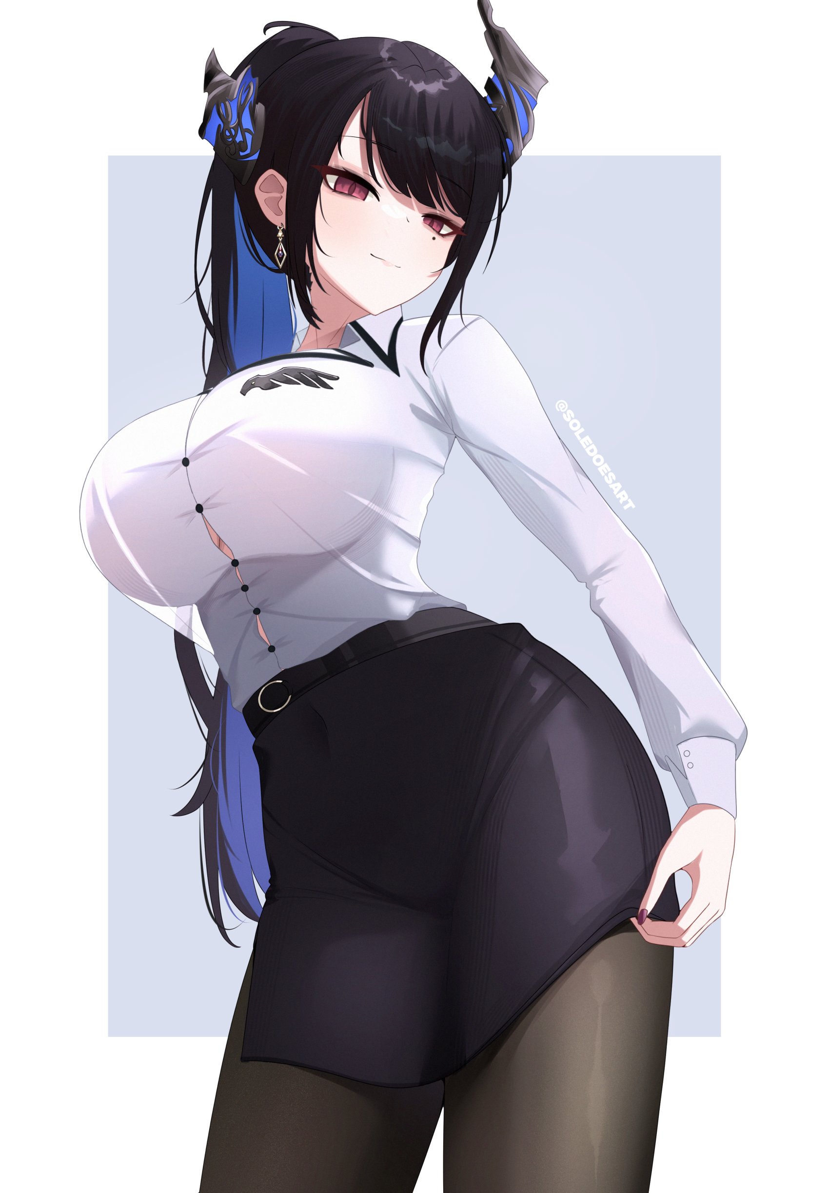 solevisionarts, nerissa ravencroft, nerissa ravencroft (casual), hololive, hololive english, absurdres, highres, revision, 1girl, asymmetrical horns, black hair, black pantyhose, black skirt, blue hair, breasts, cowboy shot, demon horns, earrings, english text, high-waist skirt, high ponytail, horns, jewelry, large breasts, long hair, mole, mole under eye, multicolored hair, official alternate costume, pantyhose, ponytail, purple eyes, shirt, simple background, skirt, solo, two-tone hair, uneven horns, very long hair, virtual youtuber, white background, white shirt