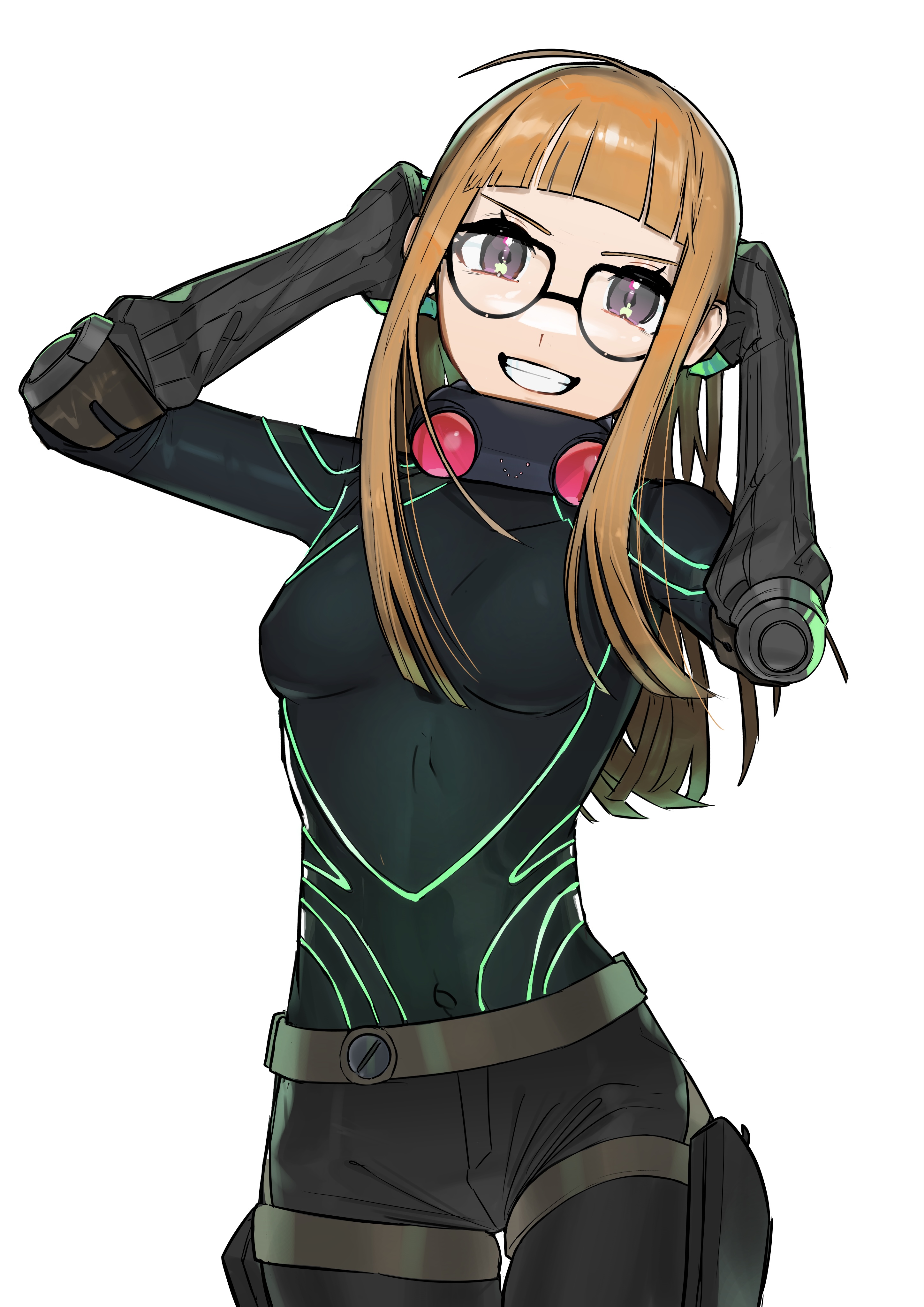 toufu (tofu prprpr), sakura futaba, persona, persona 5, absurdres, highres, 1girl, ahoge, arms up, belt, black bodysuit, blunt bangs, bodysuit, breasts, covered navel, cowboy shot, elbow pads, glasses, grin, long hair, looking at viewer, orange hair, purple eyes, sidelocks, simple background, skin tight, small breasts, smile, solo, white background