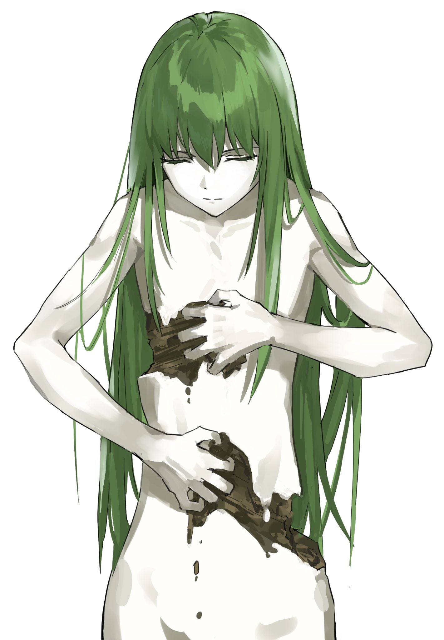 enkidu (fate), fate/grand order, fate (series), highres, 1other, breaking, closed eyes, cracked skin, dirt, fgolz7l, green hair, long hair, nude, other focus, simple background, solo, upper body, white background