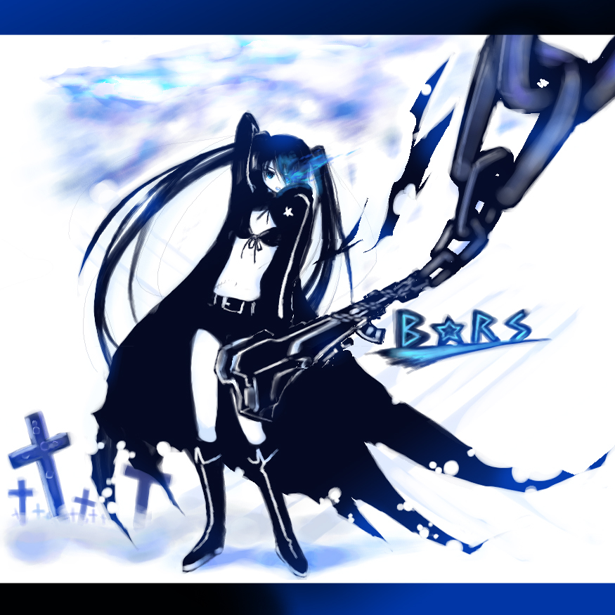 iseno yajin, black rock shooter (character), hatsune miku, black rock shooter, vocaloid, 10s, 1girl, black hair, blue eyes, chain, cross, female focus, latin cross, long hair, midriff, shorts, solo, twintails