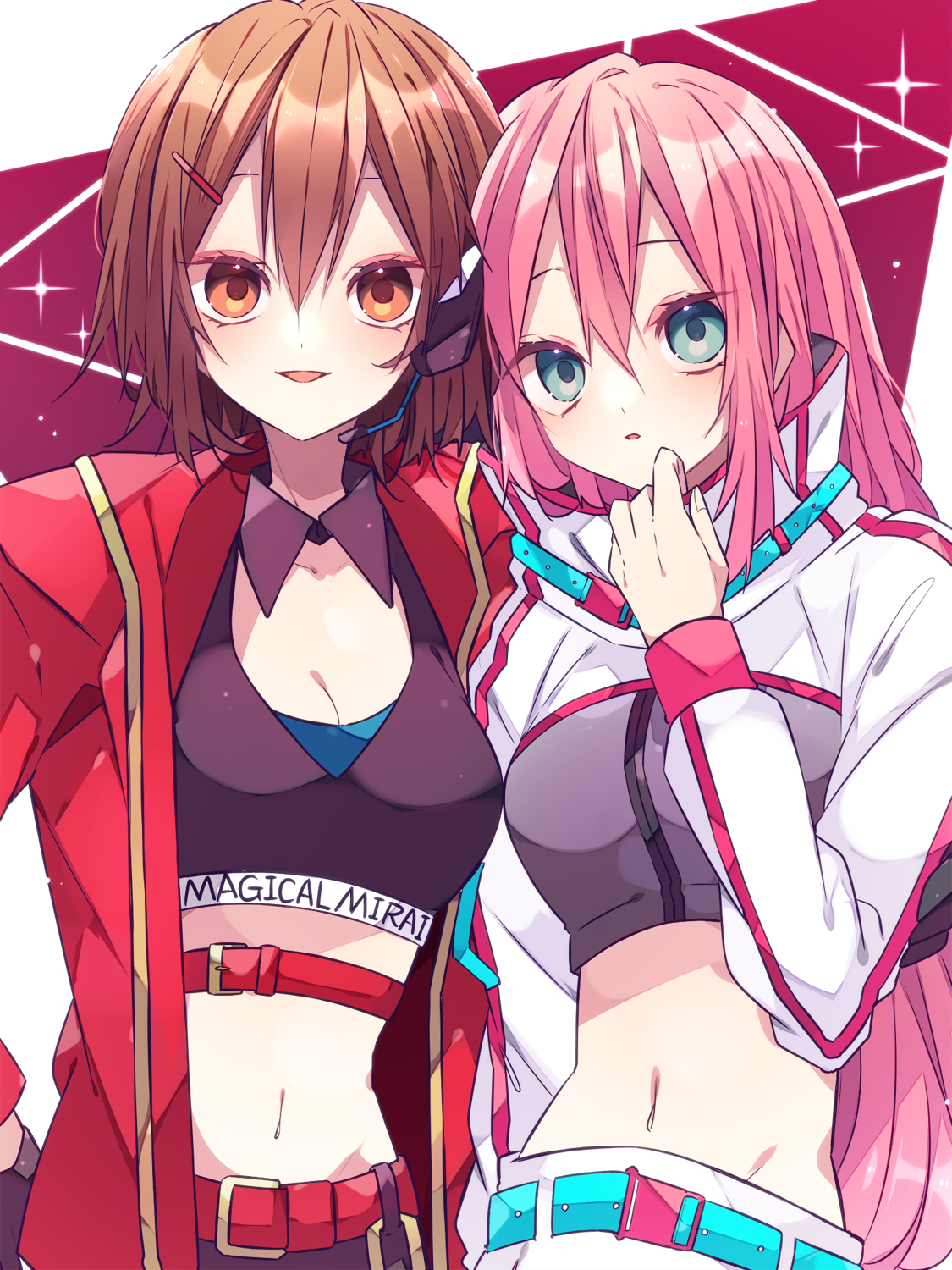 kaho 0102, magical mirai luka, magical mirai luka (2023), magical mirai meiko, magical mirai meiko (2023), megurine luka, meiko (vocaloid), magical mirai (vocaloid), vocaloid, commentary request, highres, 2girls, belt, black shirt, blue belt, blue eyes, breasts, brown eyes, brown hair, cleavage, collared shirt, cropped shirt, double-parted bangs, hair between eyes, hand up, jacket, long hair, long sleeves, looking at viewer, midriff, multiple girls, navel, open clothes, open jacket, open mouth, pink hair, red belt, red jacket, shirt, short hair, smile, upper body, white shirt