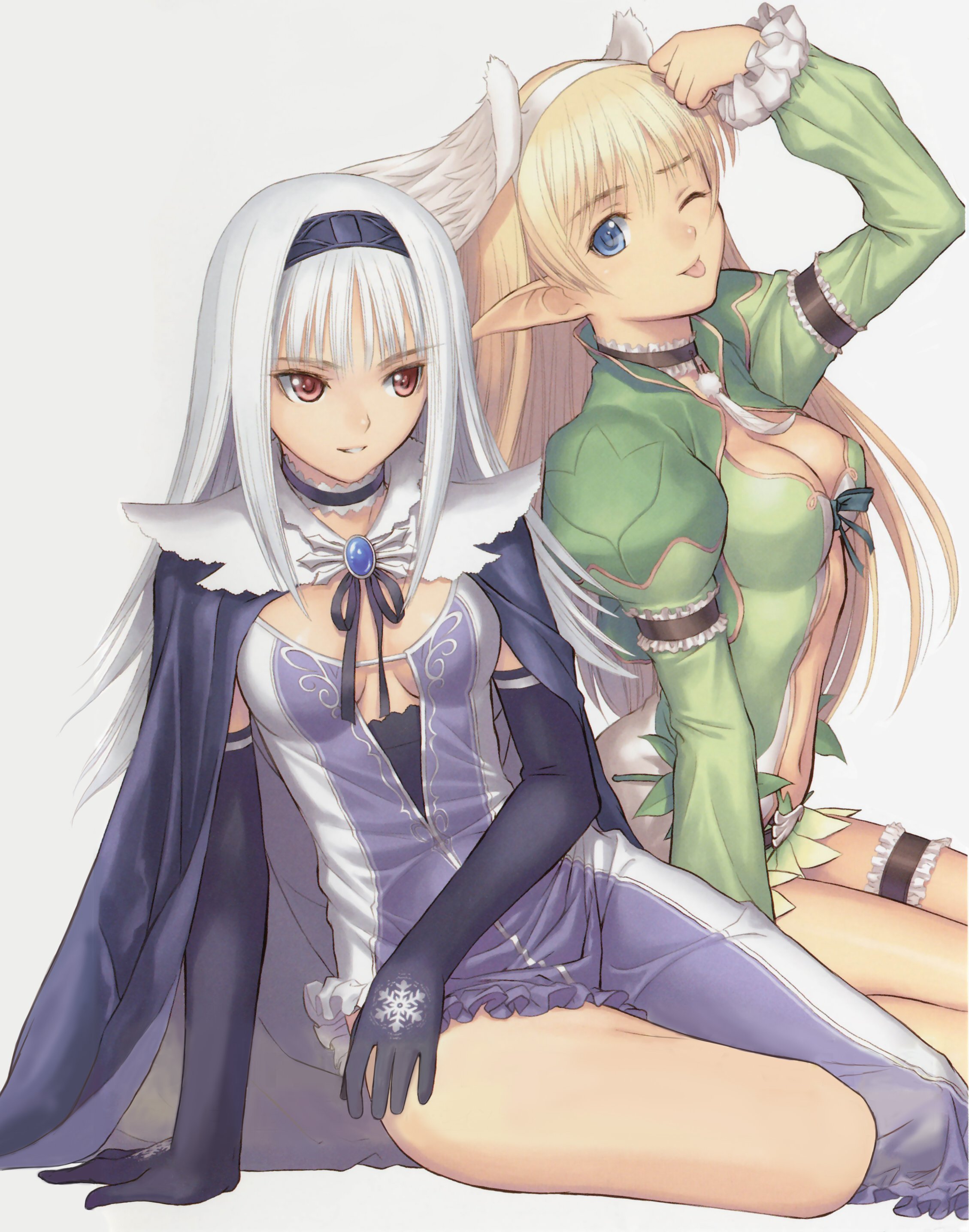 tony taka, blanc neige, elwing, sega, shining (series), shining tears, absurdres, highres, non-web source, 2girls, ;p, albino, arm garter, blonde hair, blue eyes, breasts, cape, choker, cleavage, cleavage cutout, clothing cutout, dojikko pose, dress, elbow gloves, elf, feathers, frills, gloves, hairband, head wings, long hair, medium breasts, multiple girls, one eye closed, pointy ears, red eyes, sitting, smile, thighs, tongue, tongue out, tsurime, white hair, wings, wink